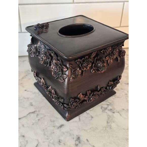 Vintage Bronze Floral Roses Bathroom Hand Towel Stand Tissue Box Cover - Picture 3 of 9
